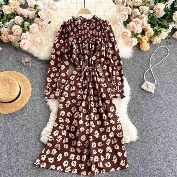 

spring retro print temperament vestidos female wood ear round neck puff sleeve lace up waist thin midi dress c619 210506, Black;gray