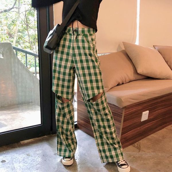 

women's pants & capris streetwear plaid for women loose straight wide leg drawstring hem jogger hip hop harem sweatpant harajuku high w, Black;white