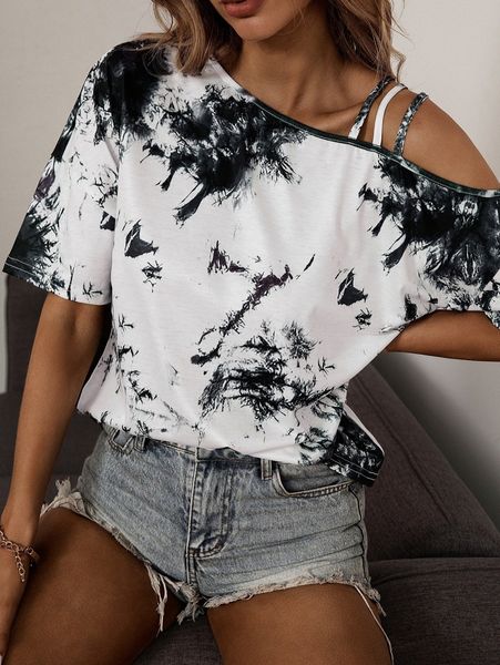 

tie dye asymmetrical neck tee j9xb#, White