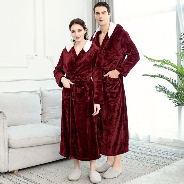 

new men winter extra long hooded thick flannel warm bath robe male dressing gown thermal bathrobe women mens luxury kimono robes, Black;red