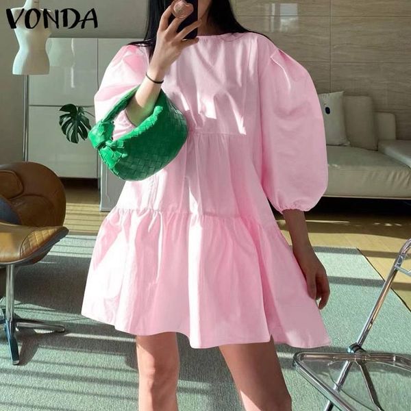 

casual dresses vonda women mini dress summer 3/4 sleeve pleated party holiday plain robe bohemian vestidos oversized, Black;gray