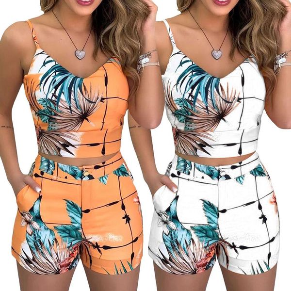 

women's tracksuits fashion women shorts suits 2pieces sets summer office lady floral strap tank crop high waist button female outfits, Gray