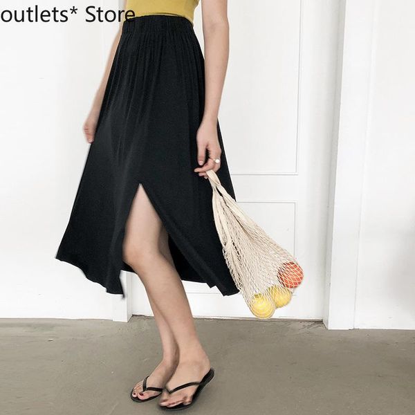 

summer women's skirt high waist gray elastic long skirts clothing, Black