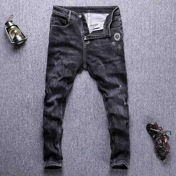 

men's jeans ly designer fashion men elastic slim fit ripped retro black gray embroidery casual denim pants, Blue