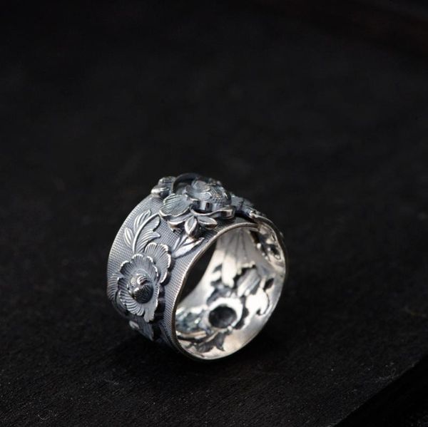 

cluster rings 990 sterling silver peony flower oxidized ring women gift jewelry a4071, Golden;silver