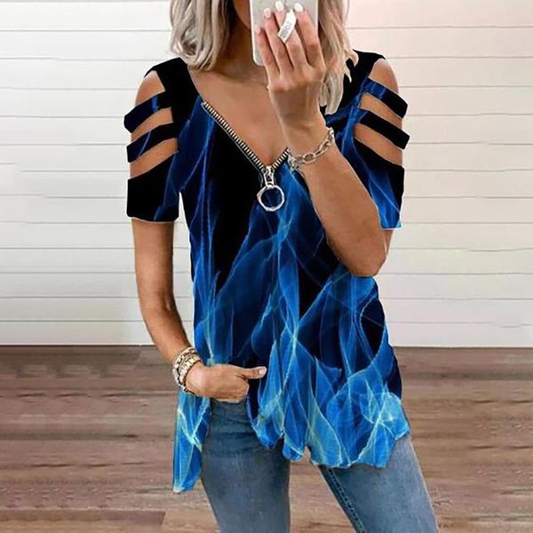 

women's blouses & shirts hollow out v-neck print women casual zipper shirt oversized short sleeve loose elegant femme, White