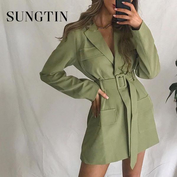 

sungtin casual green sashes office lady blazer women spring vintage coat with belt female chic elegant jacket women's suits & blazers, White;black