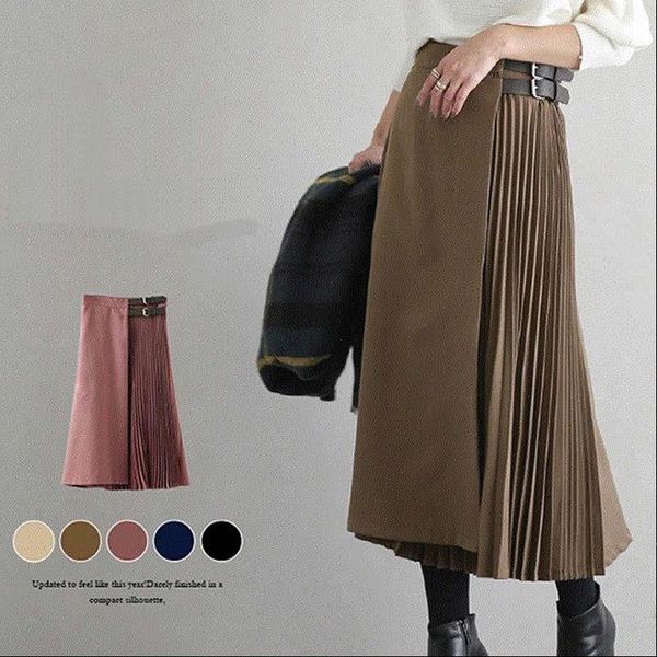 

japanese womens skirts korean style high waist long woman autumn winter office lady a line pleated mujer faldas, Black