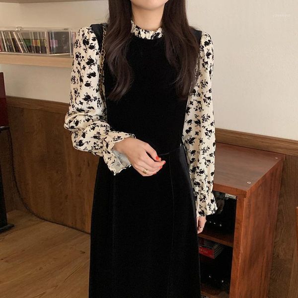 

casual dresses sannian women dress retro elegant stand-up collar flocking small floral stitching fake two-piece velvet sleeve for, Black;gray