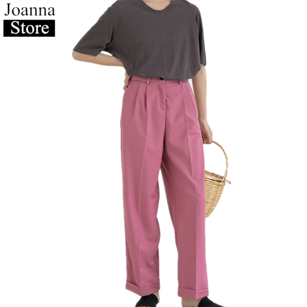 

women's pants & capris spring straight long women high waist pockets loose vintage elegant trousers pink casual wild plus size clothes, Black;white