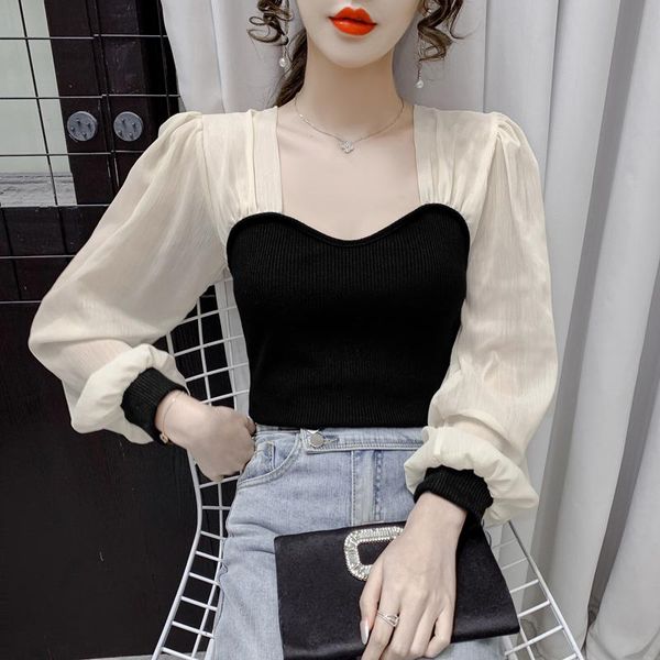 

women's sweaters spring autumn square collar stitching pullover sweater woman fashion clavicle exposed all-match puff sleeve knitting, White;black