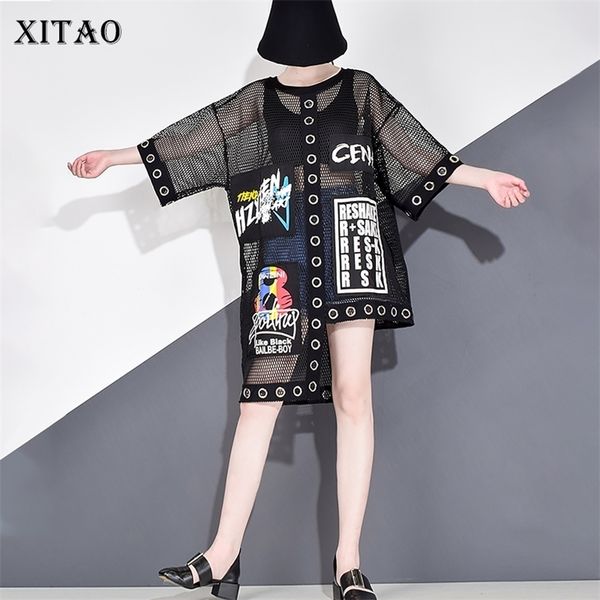

xitao hollow out splice grid women t shirt summer plus size streetwear korean style clothes print letter black net 210317, White