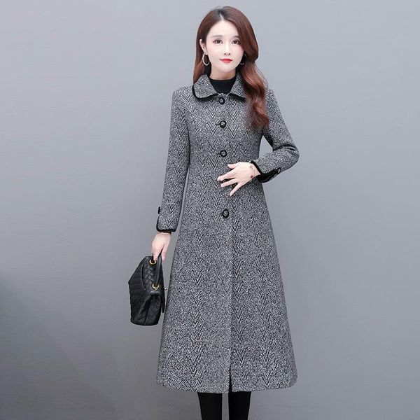 

women's wool & blends autumn and winter fashion woollen jacket style foreign medium length clothing coat, Black