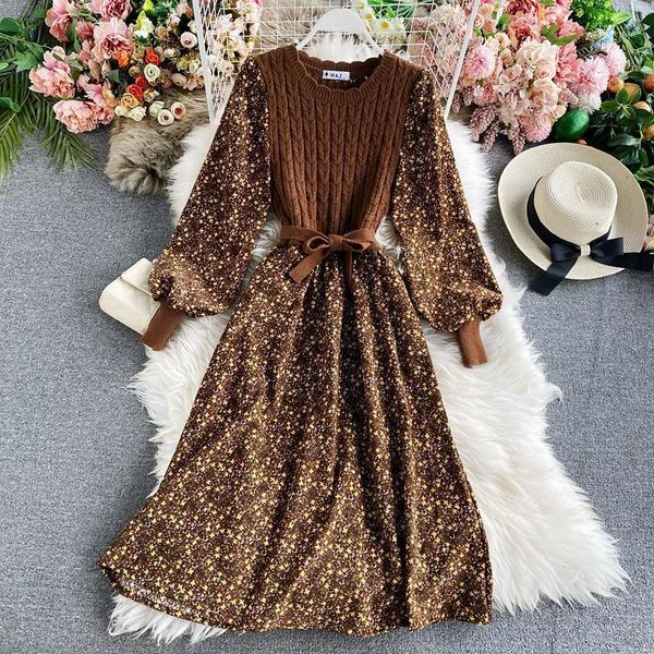 

casual dresses autumn winter vintage dress women fashion patchwork knitted midi dreses ladies elegant long sleeve floral print bandage, Black;gray