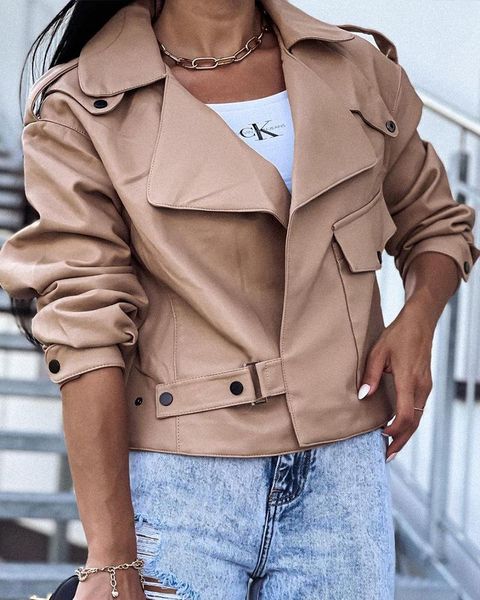 

women's jackets pu leather jacket autumn 2021 long sleeve button coat, Black;brown