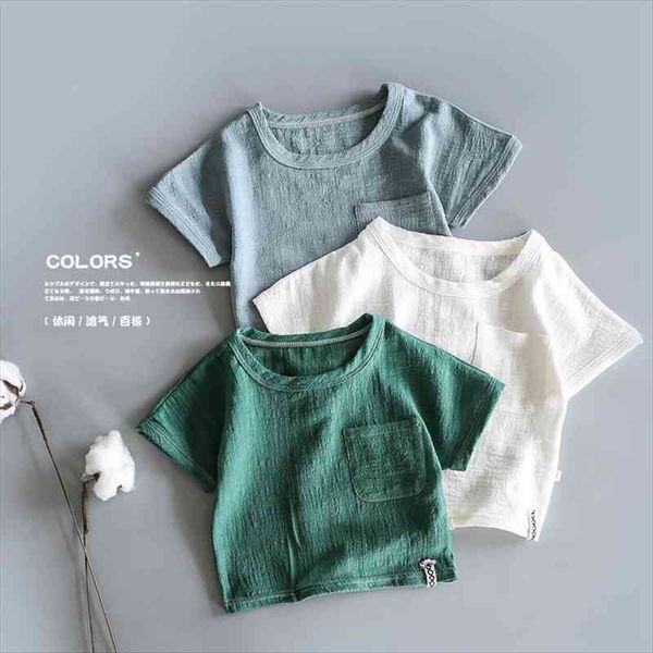 

japanese retro cotton hemp short sleeve baby cotton thin t-shirt boys and girls summer bamboo half-sleeve shirt, Blue