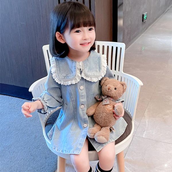 

girl's dresses toddler girls long sleeve dress spring autumn lace patchwork turn down collar a-line denim 2-7yrs kids elegant party, Red;yellow