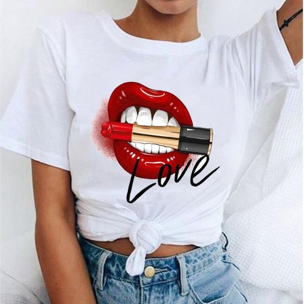 

harajuku t shirt red lips lipstick tees fashion clothing casual femme graphic women clothes women's t-shirt, White