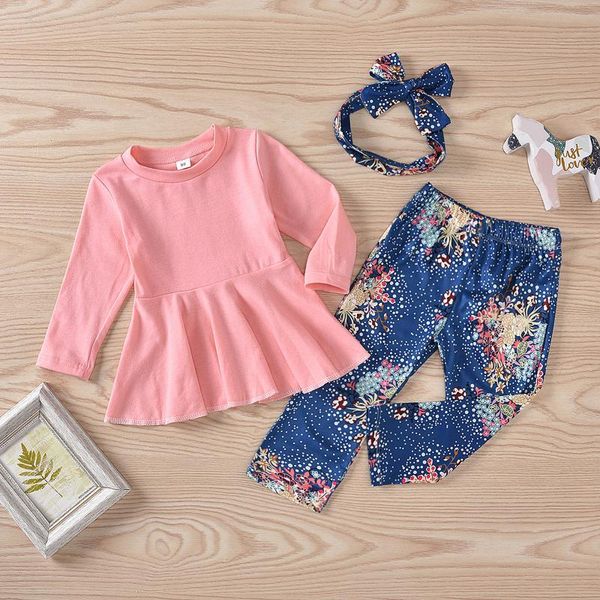

clothing sets infant baby girls 3 pcs outfits suits long sleeve solid color ruffle romper + floral printed pant headband, White