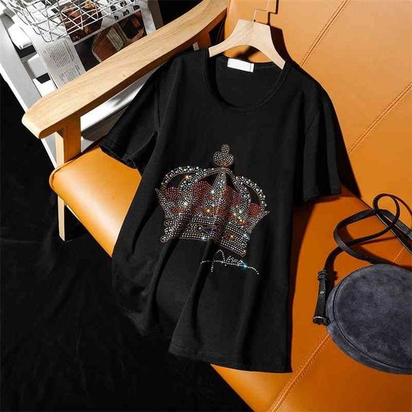 Verão rua lazer de manga curta t-shirt fêmea nova coroa diamantes quentes soltos tamanho grande 5xl preto broca quente mulheres tops 210324