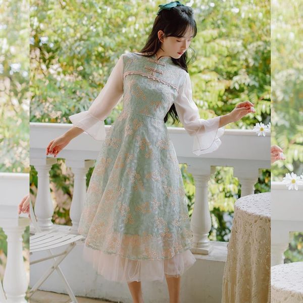 

vintage cheongsam net yarn dresses women 2021 summer modern chic girl embroidery fairy dress vestido de mujer casual, Black;gray