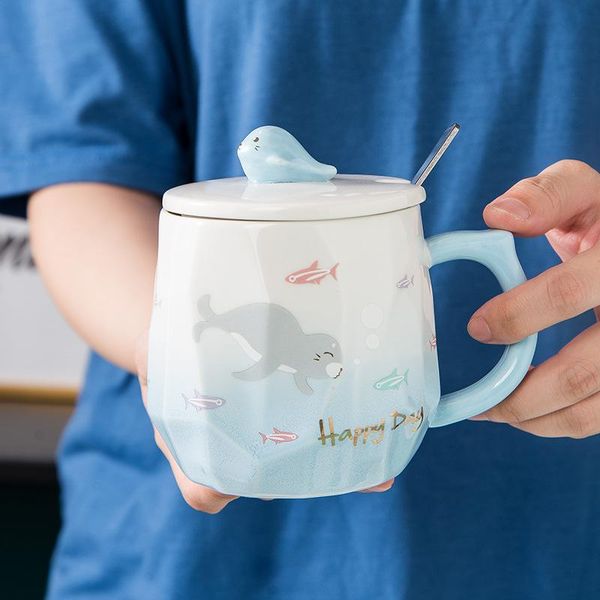 

mugs cartoon 3d three-dimensional embossed sea lion ceramic cup creative ocean series mug small fresh with cover spoon coffee