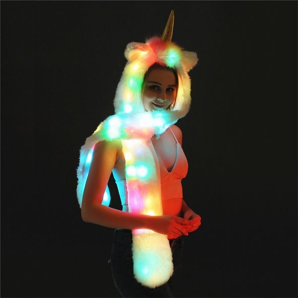 

women's fur & faux fur plush unicorn hat imitation leather straw animal hat scarf glove integrated luminous led lamp, Black