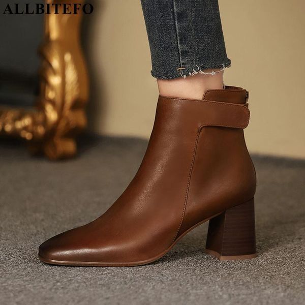 

boots allbitefo size 34-43 autumn square toe soft genuine leather women high heel shoes fashion girls ankle, Black