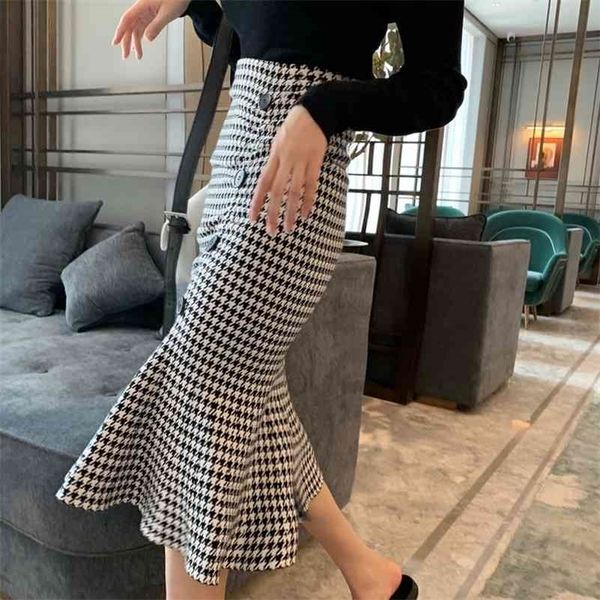 

knitted skirt women autumn fashion mid-length high-waist slimming hip skirt casual fishtail skirt 210319, Black