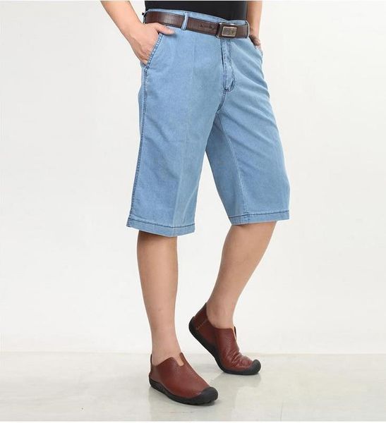 

men's jeans man summer plus size high solid loose straight knee length male thin cotton zipper men spring oversized capris, Blue