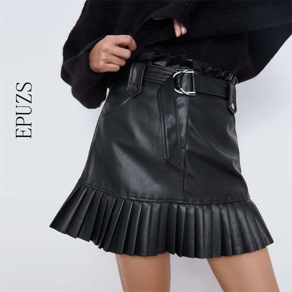 

summer elegant chic pu leather skirt women ruffles mini skirt bow tie sashes pockets zipper pleated skirt 210325, Black