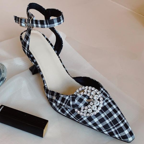 

dress shoes women's plaid fabric ankle strap thin high heel pointed toe sandals elegant ladies french retro evening pumps paarty, Black