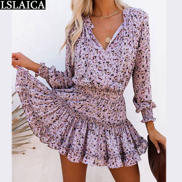 

mini dress long sleeve v neck lace up print elastic waist ruffles boho holiday beach fashion casual for women 210520, Black;gray