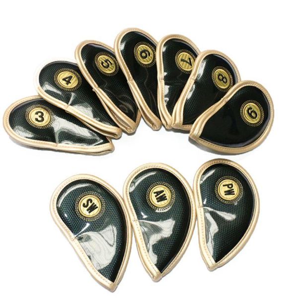 

golf training aids 10pcs/set crystal mirror faux leather iron club head covers shield embroidery thicken waterproof headcovers
