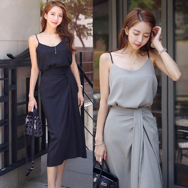 

casual dresses white gray women summer korean elegant solid two-piece set condole hip dress suit sling female tees suits, Black;gray