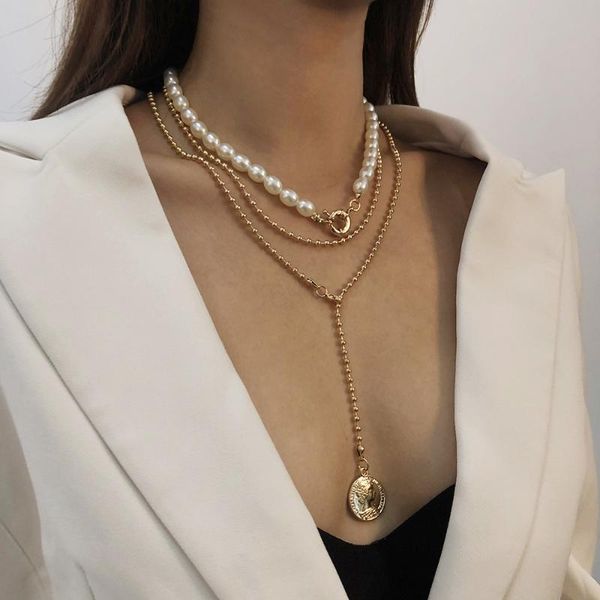 

chokers punk multilayered pearl choker coin portrait pendant necklace collar statement virgin necklaces women jewelry, Golden;silver