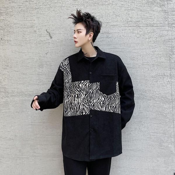 

spring autumn hip-hop retro zebra pattern stitching long-sleeved shirt male korean loose casual camisa masculina men's dress shirts, White;black