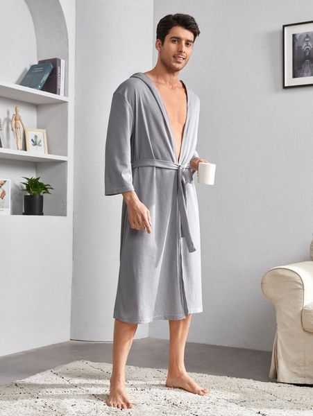 

men waffle knit hooded belted robe 581c#, Black;brown