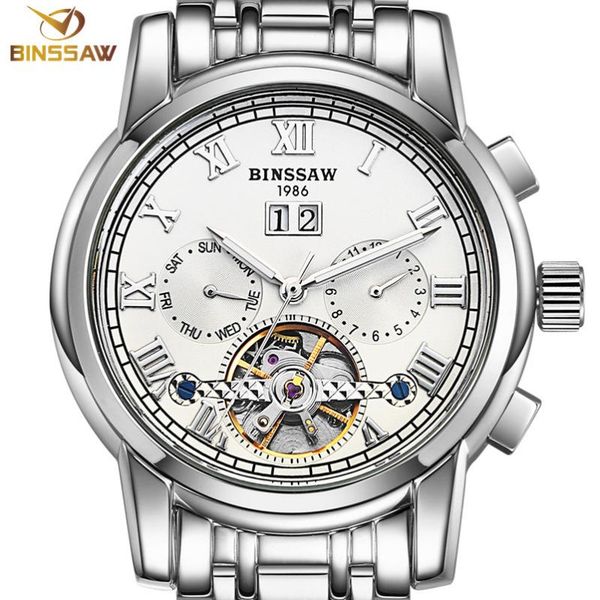 

wristwatches binssaw men automatic mechanical watches fashion tourbillon stainless steel business sports watch relogio masculin, Slivery;brown