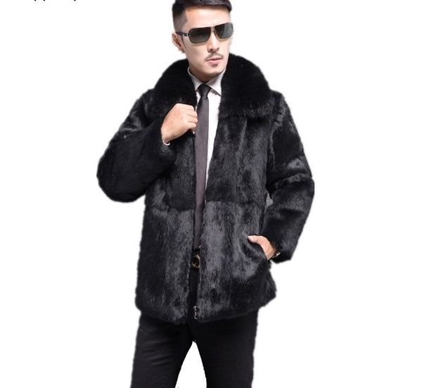 

men's leather & faux natural whole skin rex fur coat with collar warm for coats real jackets mens, Black
