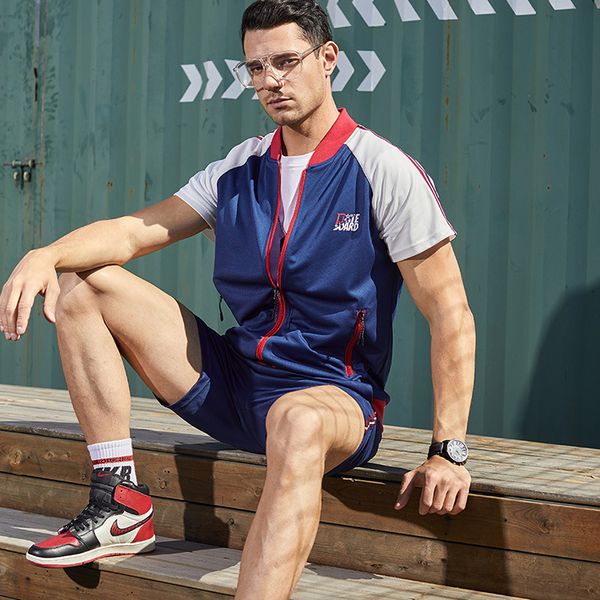 

mens sportswear spring autumn tracksuit 2 piece sets sports suit t shirt+shorts male fashion print clothing, Gray