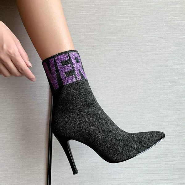 

boots 2021 women's fashion spring autumn knitting stretch women thin heel pointed toe ankle beige purple, Black