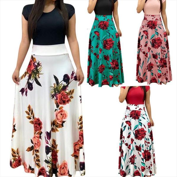 

oufisun summer short sleeve womens dresses o neck flower print long female fashion plus size elegant vestidos 5xl, Black;gray