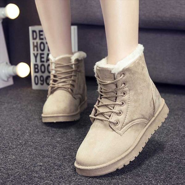 

boots 2021 winter style fashion snow women short botas lace up big size cotton fur keep warm 43 shoes, Black