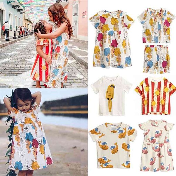 Criança menina verão moda algodão vestido desenhos animados marca marca crianças manga curta a linha irmã irmã combinando 210619