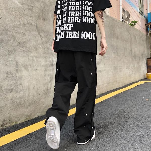 

men's pants side buttons hip hop harem for mens 2021 japanese fashion trends wide leg sweatpants teen harajuku baggy jogging trousers, Black