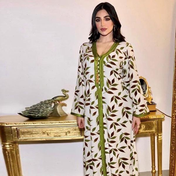 

middle women dress east long ribbon v neck full sleeve leaves print maxi dresses turkey arabic dubai muslim clothing, Black;gray
