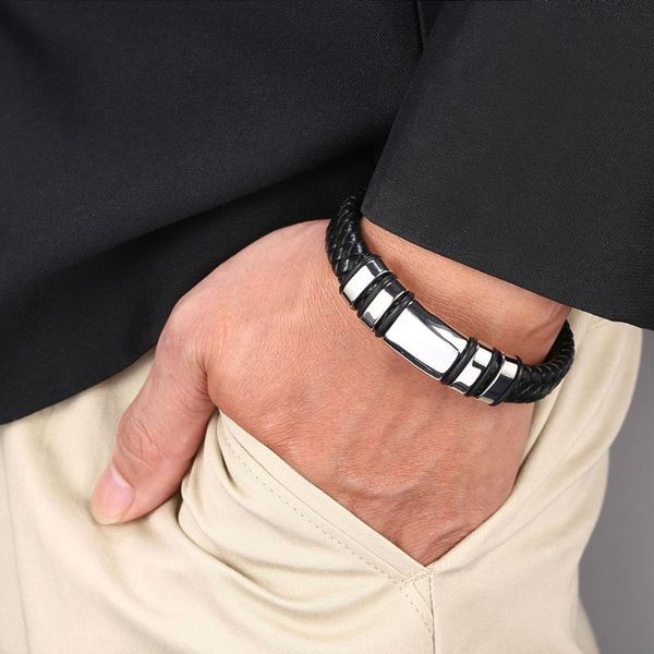 

punk black braided leather bracelet men stainless steel parts male magnetic clasp bangle fashion jewelry charm bracelets, Golden;silver