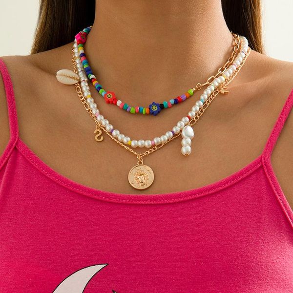 

chains geometric necklace for female party with bohemian simple shell imitation pearl beaded color wholesale, Silver