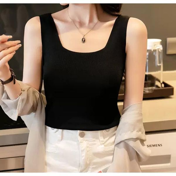

women's tanks & camis women solid color ice silk screw thread sleeveless square collar tank female basic simple knitwear camisole 2021, White